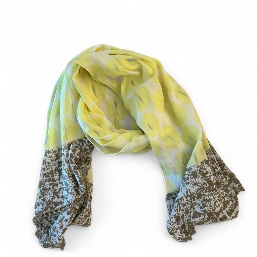 Ann Taylor Cotton Silk Scarf Lemon & Taupe Abstract Dot Lightweight Pom Pom Trim